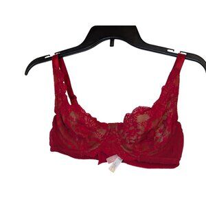 VINTAGE Victorias Secret 34C Red Lace Sheer Balconette Unlined Bra